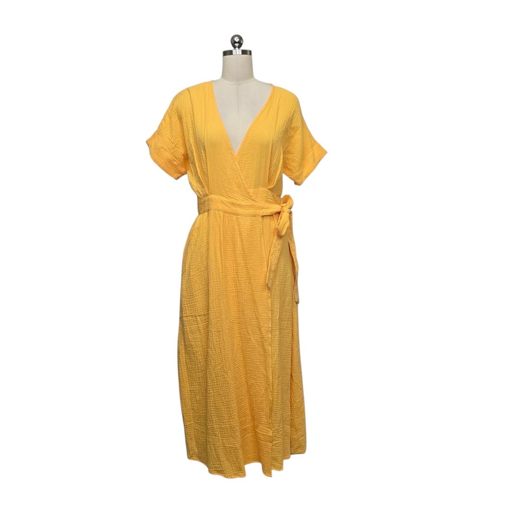 Marine Layer Yellow Cotton Gauze Wrap Midi Dress Short Sleeve V-Neck Size Small